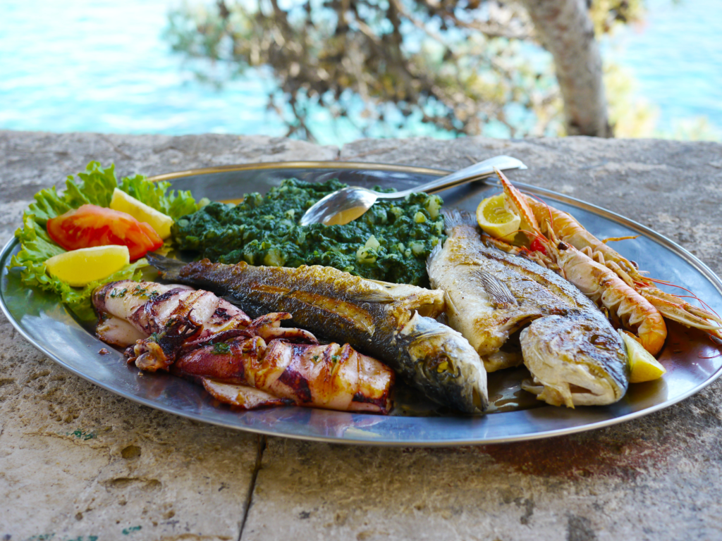 Coastal cuisine of Montenegro (Grilled sea bass and seafood mix)